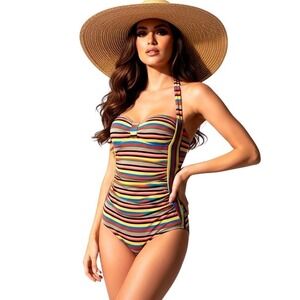 Pez D'Or Barcelona Womens XS Striped Halter One Piece Swimsuit Ruched Retro